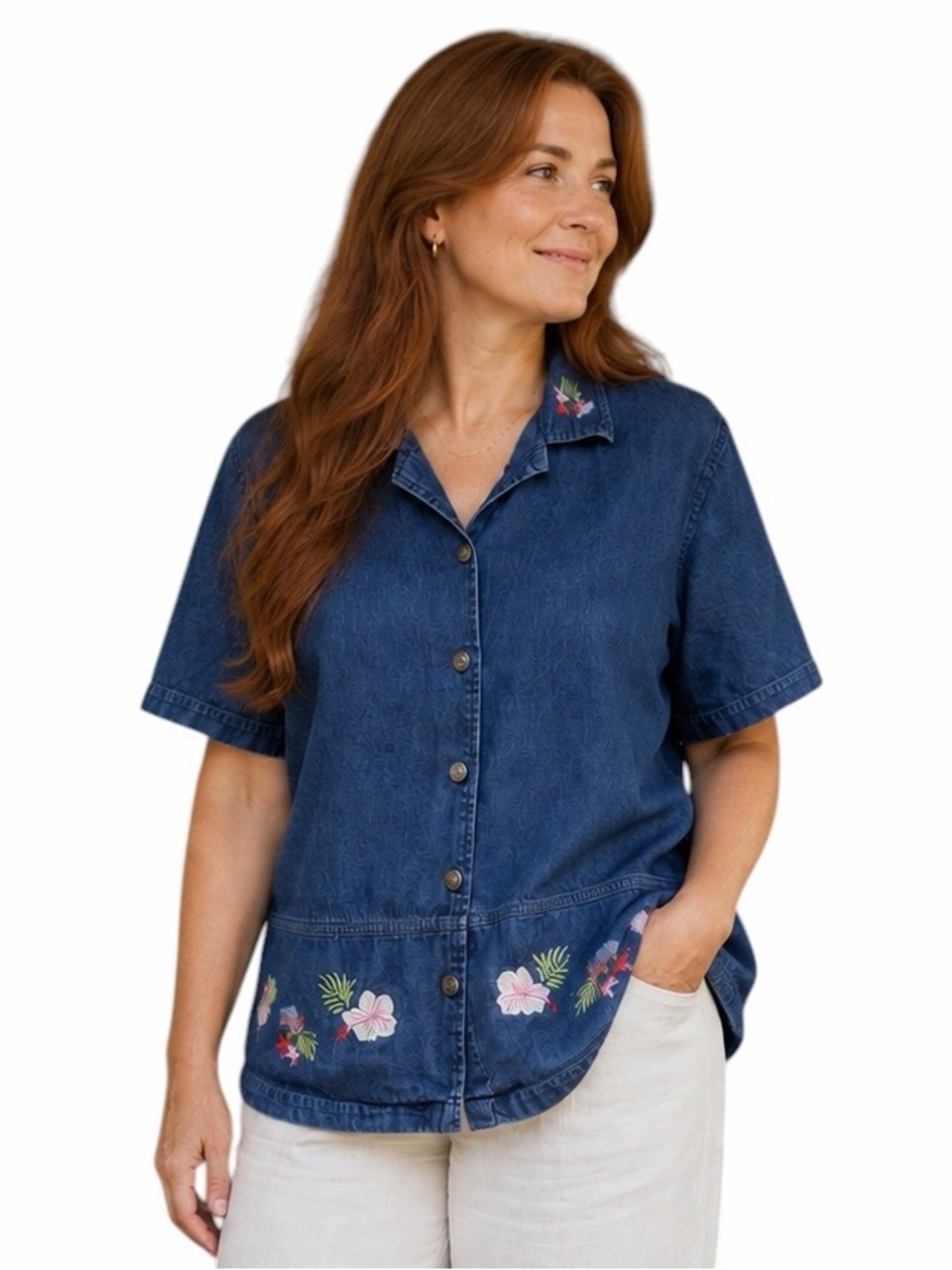 Vintage Jane Ashley Large Short Sleeve Denim Tropical Print Button Up Shirt Y2K